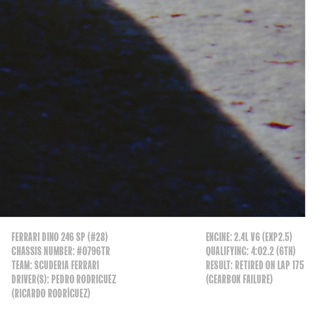 Autografica Collection Caption Pedro Rodríguez Ferrari Dino 246 SP #28 at Le Mans 1962 motorsport photography print