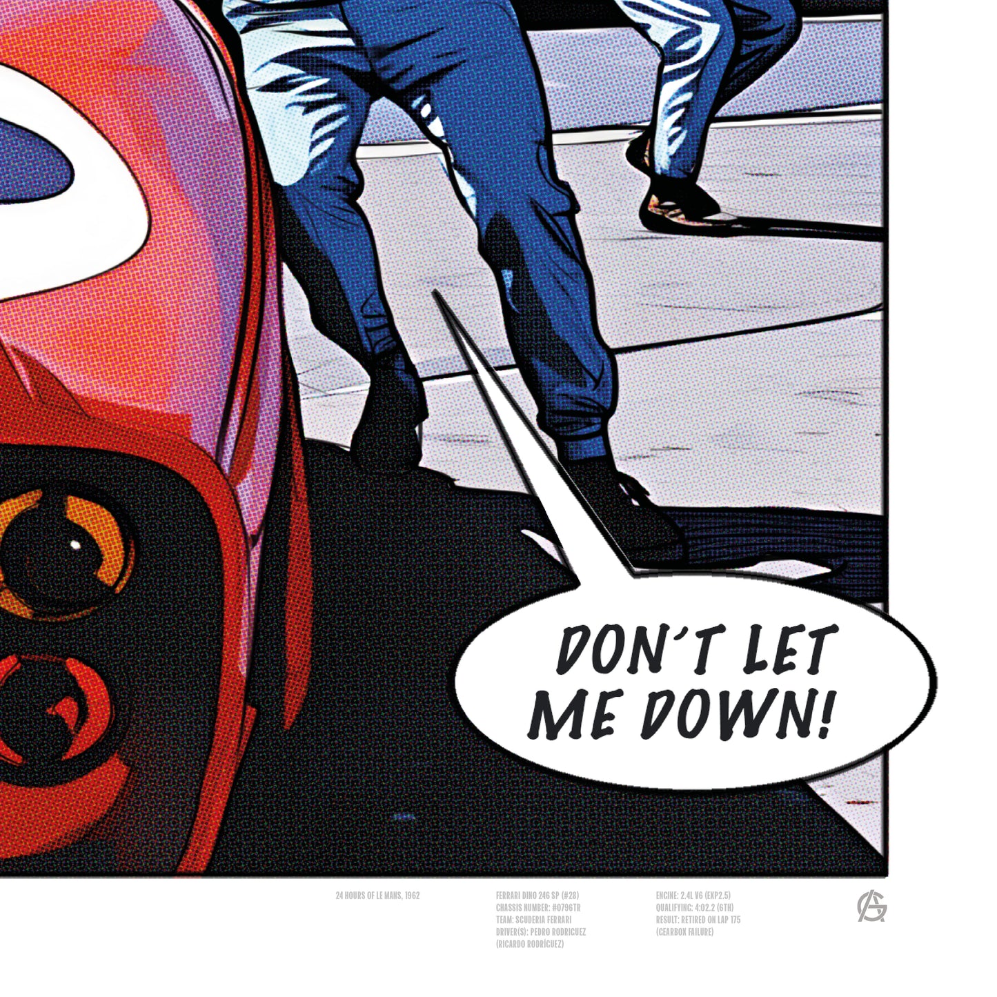 Speech Bubble Detail Ferrari Dino 246 SP Le Mans 1962 comic-style racing art print