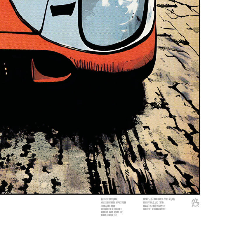 Porsche 917K Le Mans 1971 comic-style motorsport illustration print Track Texture Detail
