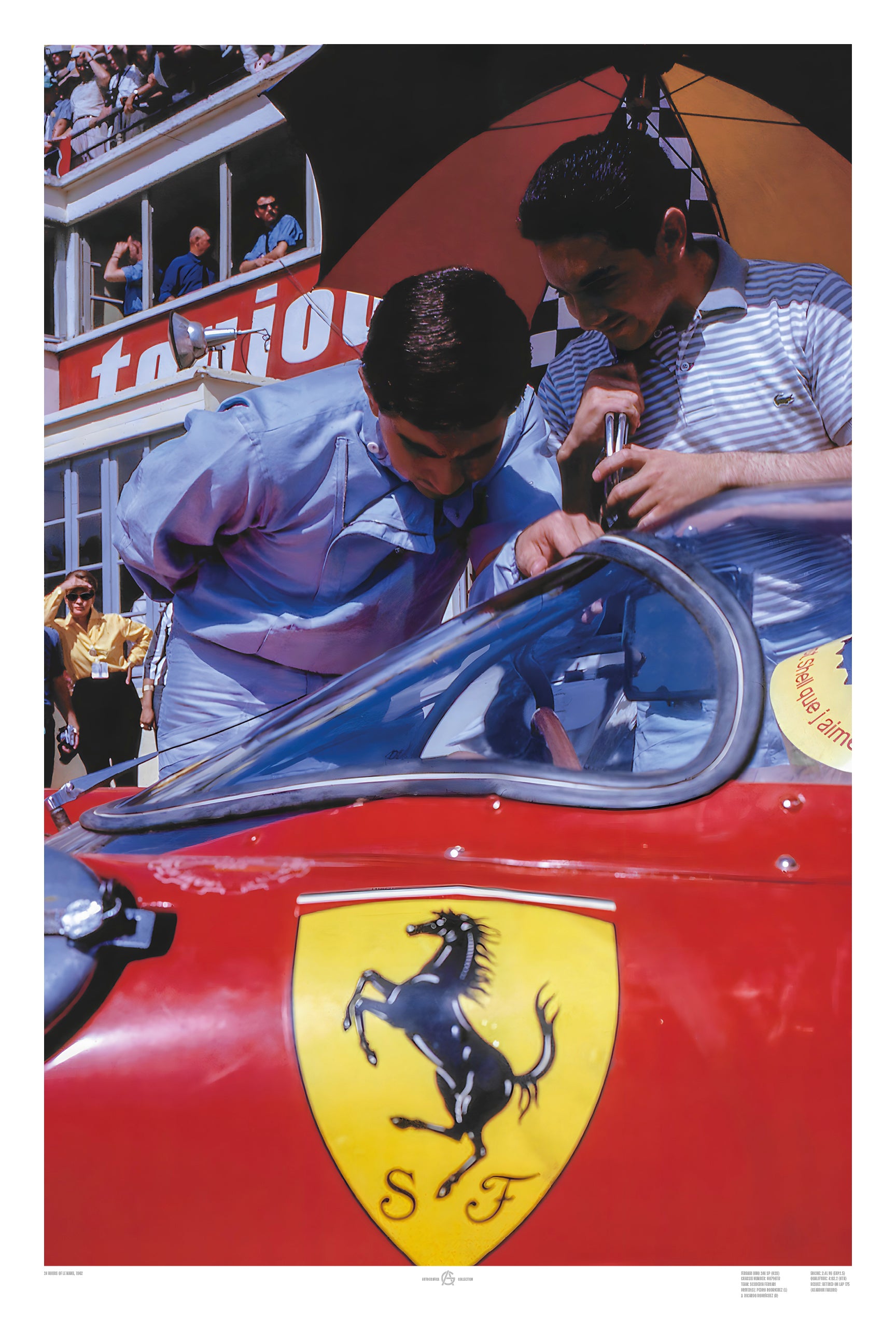 Rodríguez brothers Ferrari Dino 246 SP at Le Mans 1962 motorsport photography print Caption
