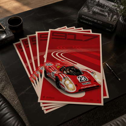 Overlapping Porsche 917K Salzburg motorsport posters printed in 18 x 12 inch portrait format