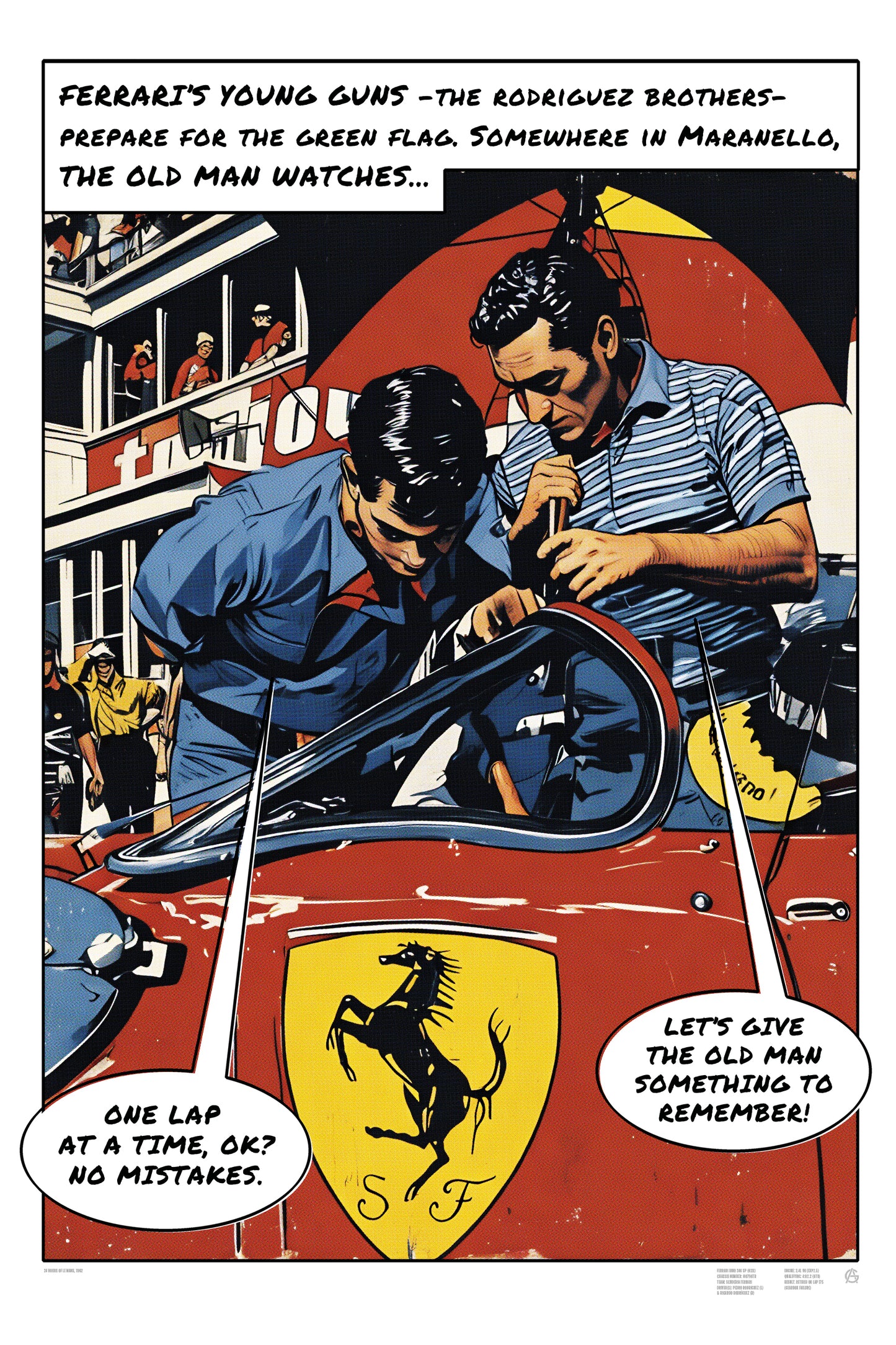 Ferrari Dino 246 SP Le Mans 1962 comic-style racing art print
