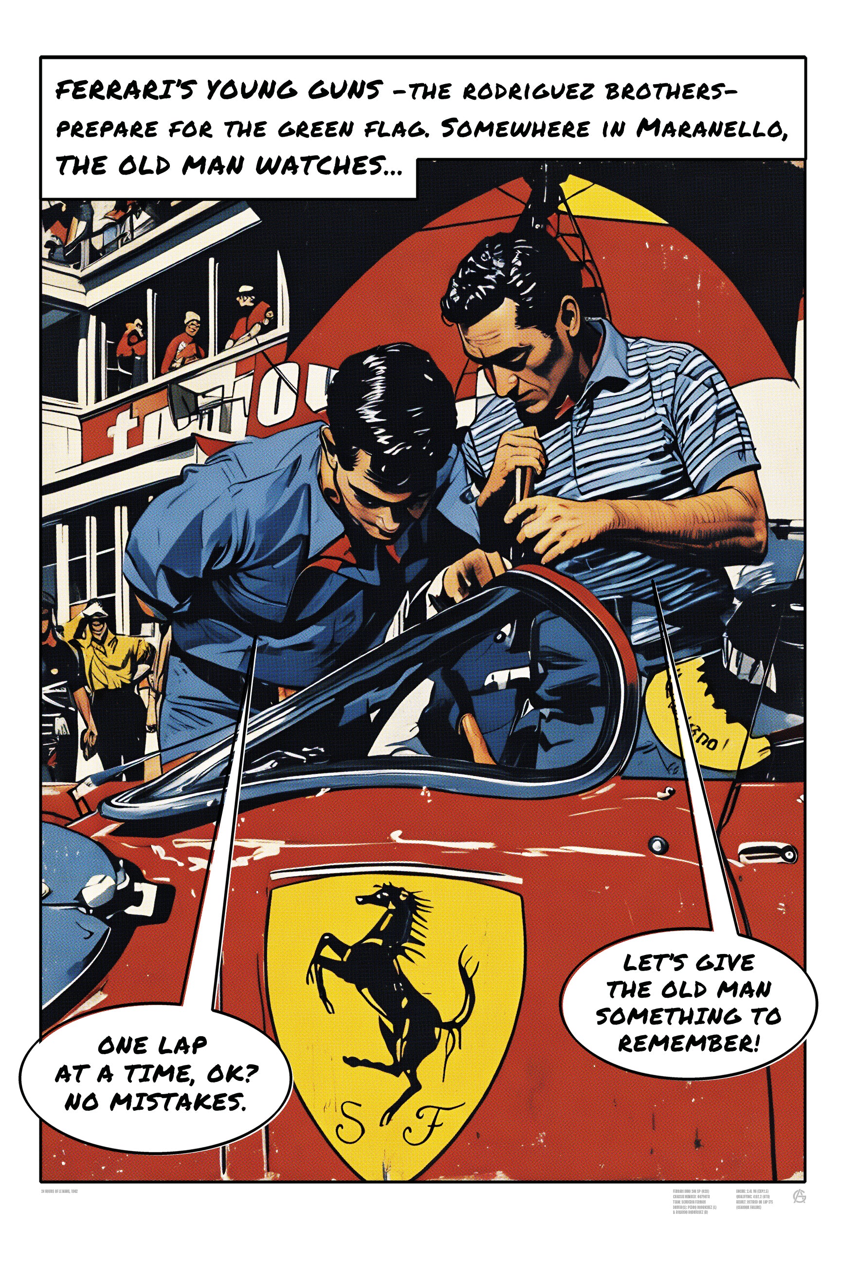 Ferrari Dino 246 SP Le Mans 1962 comic-style racing art print
