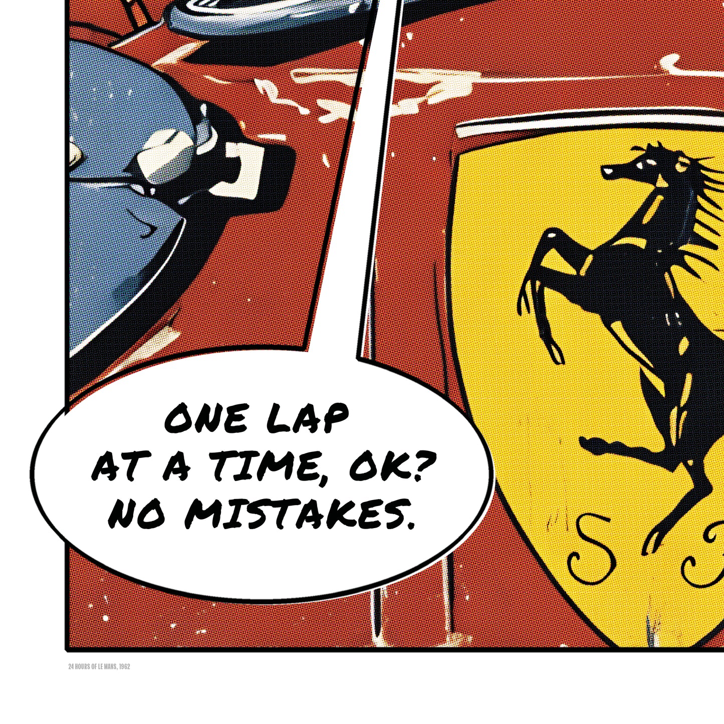 Ferrari Dino 246 SP Le Mans 1962 comic-style racing art print Prancing Horse Detail
