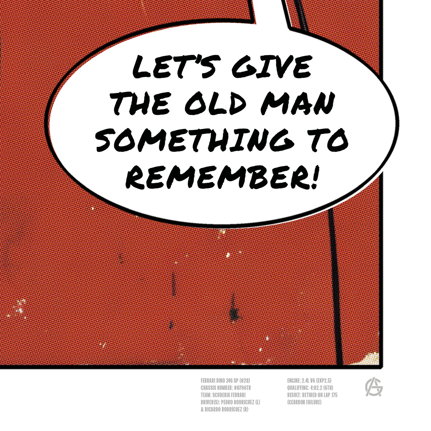 Ferrari Dino 246 SP Le Mans 1962 comic-style racing art print Speech Bubble Detail
