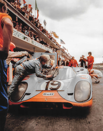 Porsche 917K #19 pit stop at Le Mans 1971 motorsport photography print
