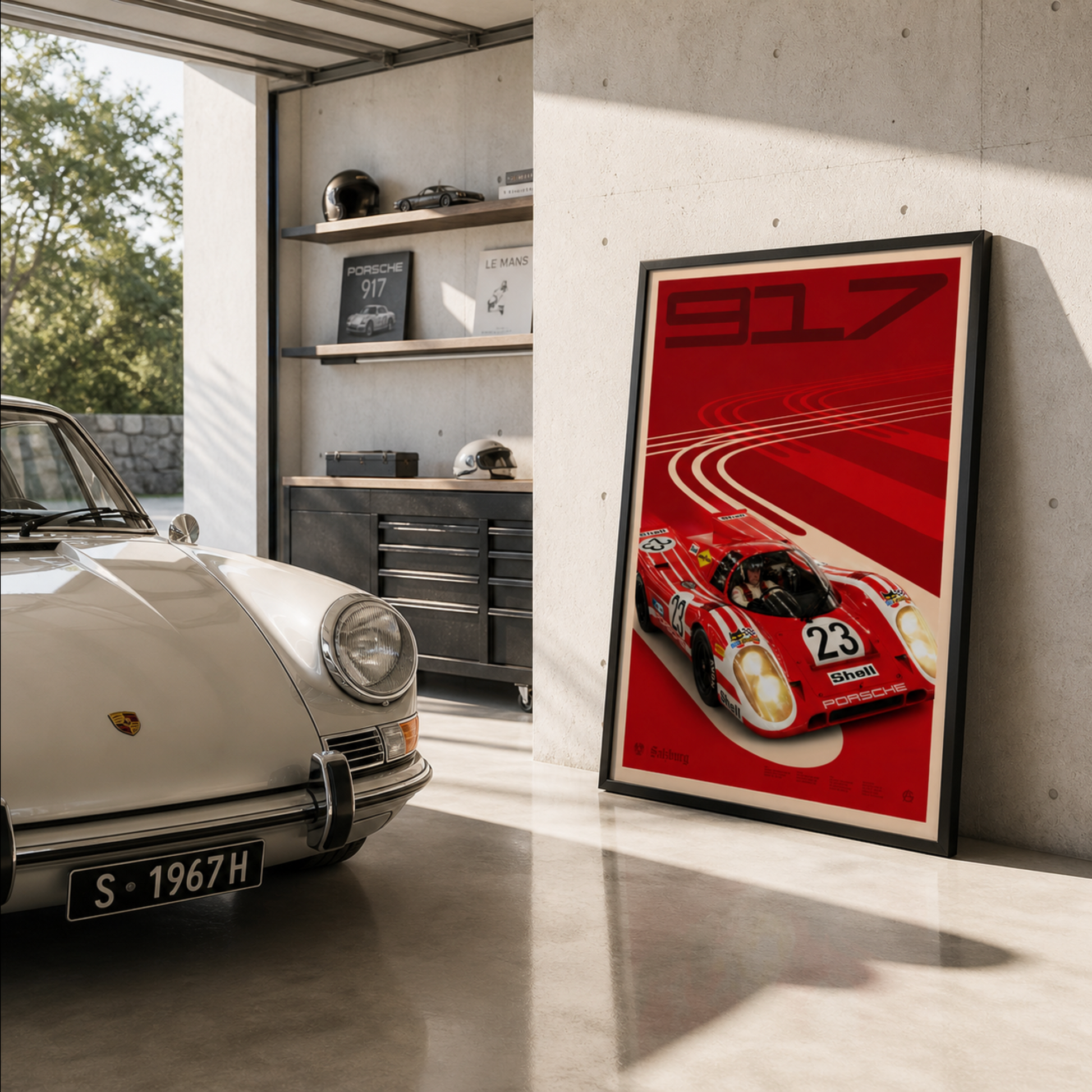Large framed Porsche 917K Salzburg poster displayed beside a classic 1960s Porsche 911
