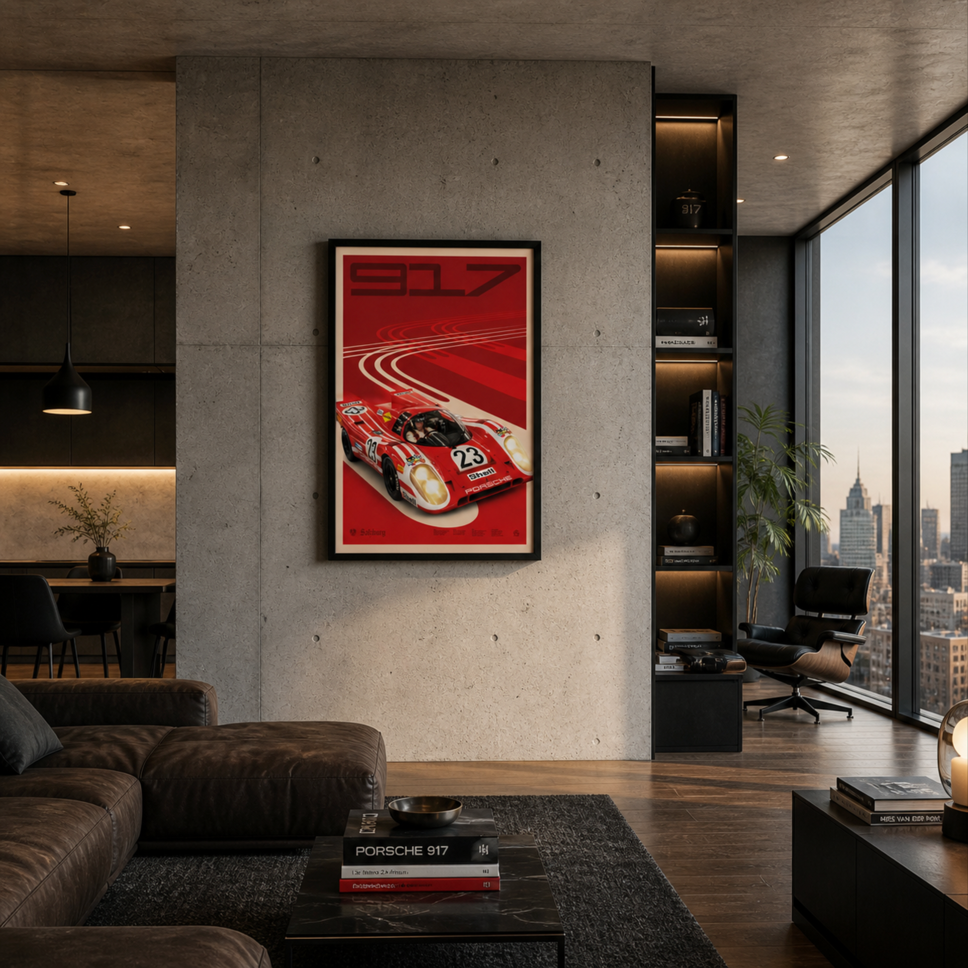 Modern living room with a Porsche 917 poster on the wall