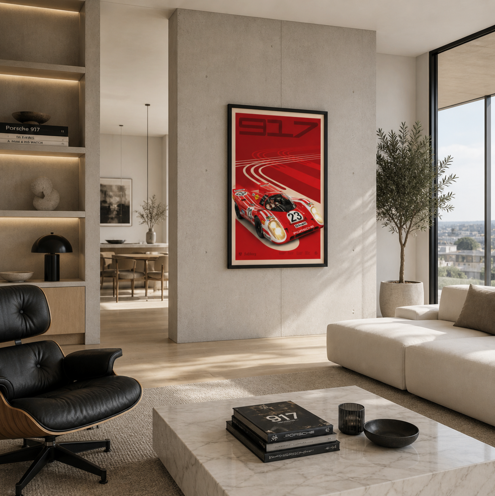 Modern living room with a red Porsche 917K Salzburg poster on the wall