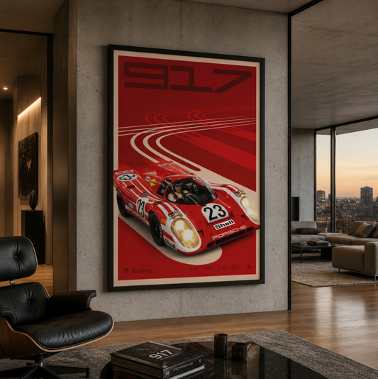 Porsche 917K Salzburg Le Mans 1970 poster featuring the No. 23 red and white race car