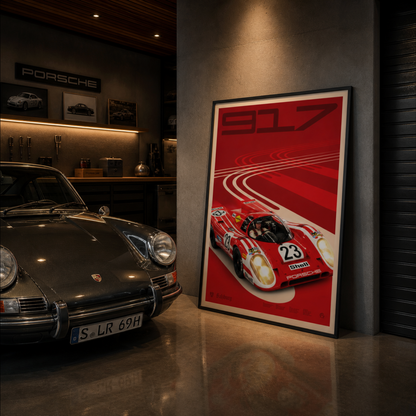 Large framed Porsche 917K Salzburg poster displayed beside a classic 1960s Porsche 911