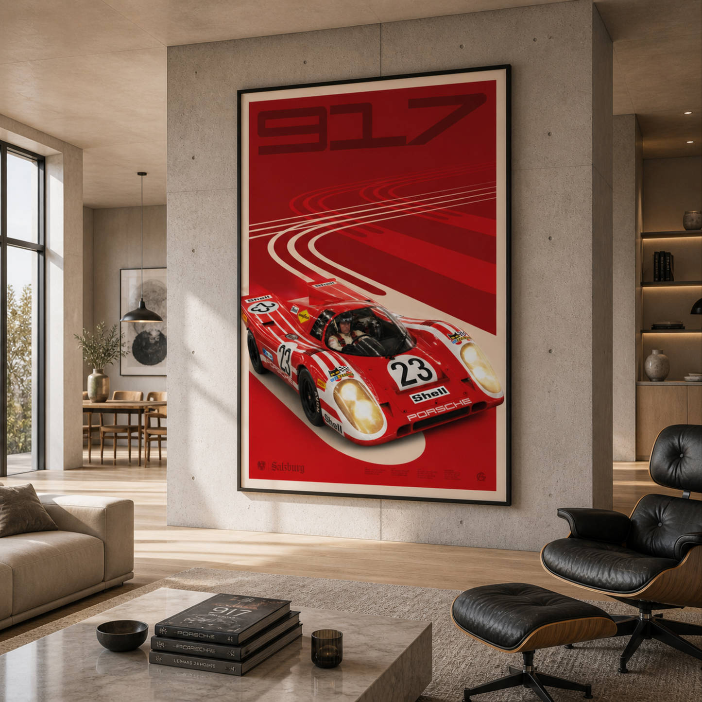 Large framed Porsche 917K Salzburg poster displayed in a contemporary apartment
