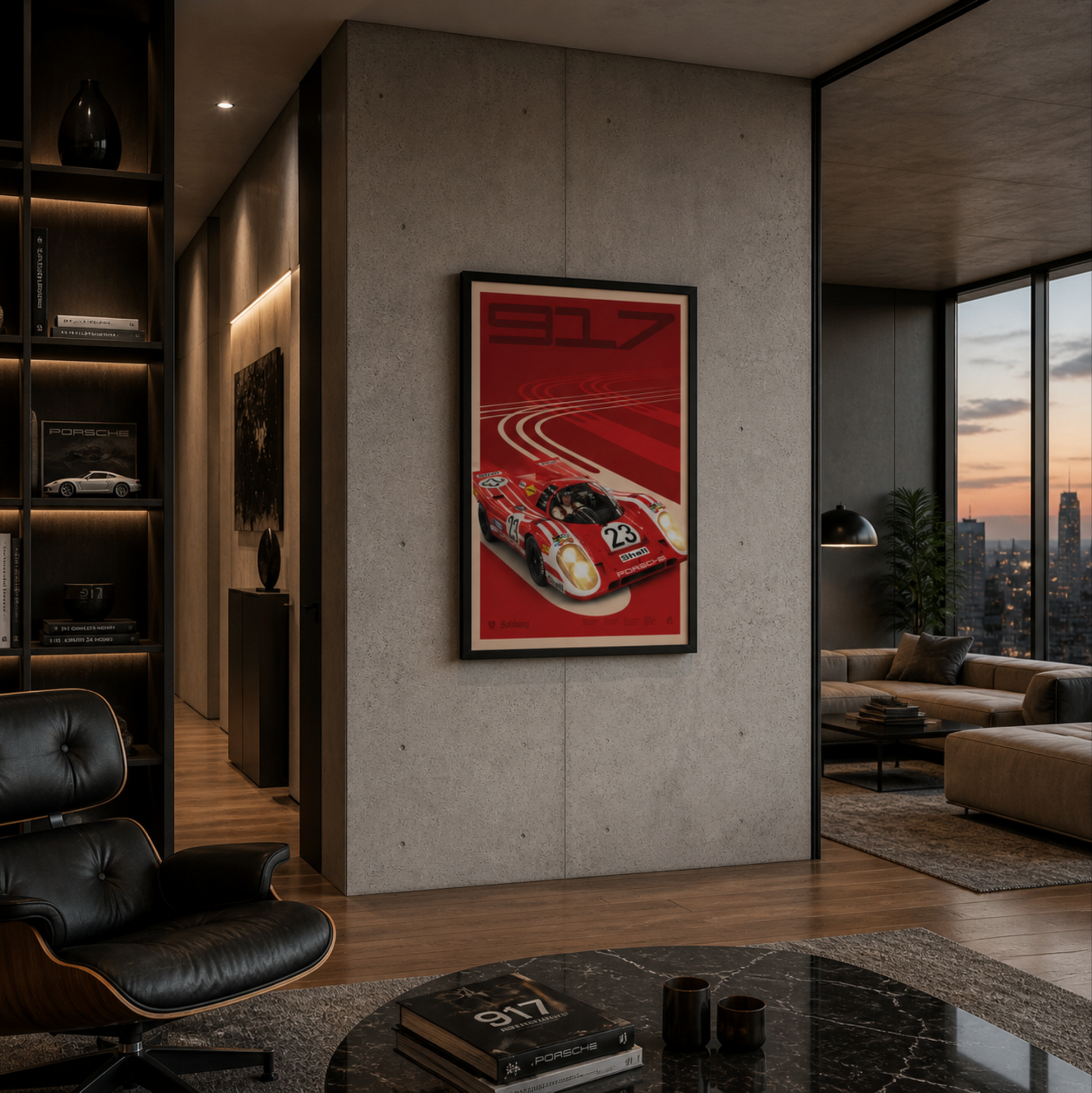 Modern living room with a Porsche 917 race car poster on a gray wall.