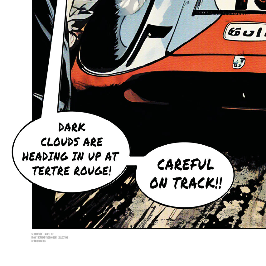Porsche 917K Le Mans 1971 comic-style motorsport illustration print Detail Speech Bubbles
