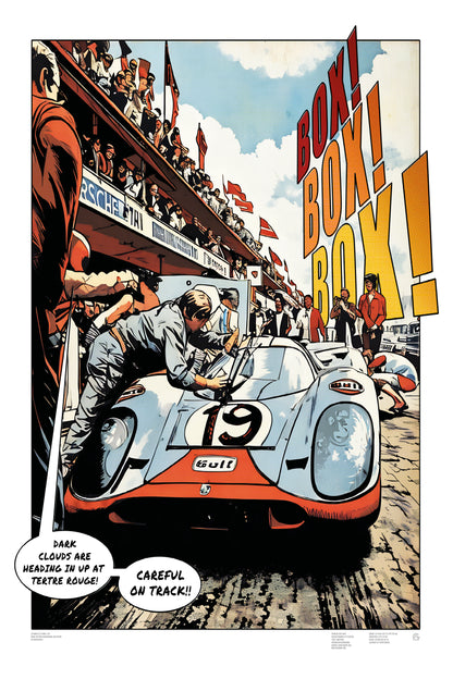 Porsche 917K Le Mans 1971 comic-style motorsport illustration print
